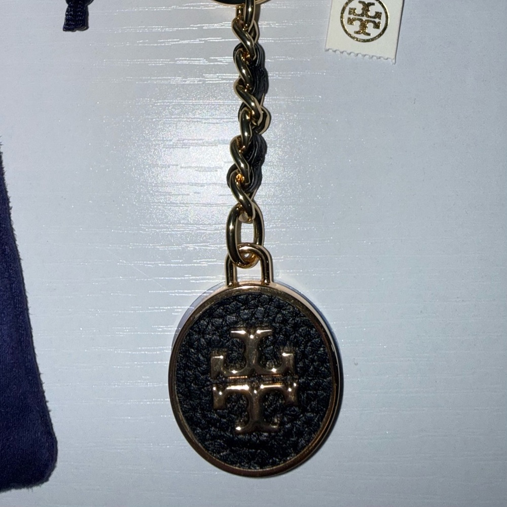 Tory Burch Gold-Tone Logo Keyring with Navy Pouch - Picture 6 of 6
